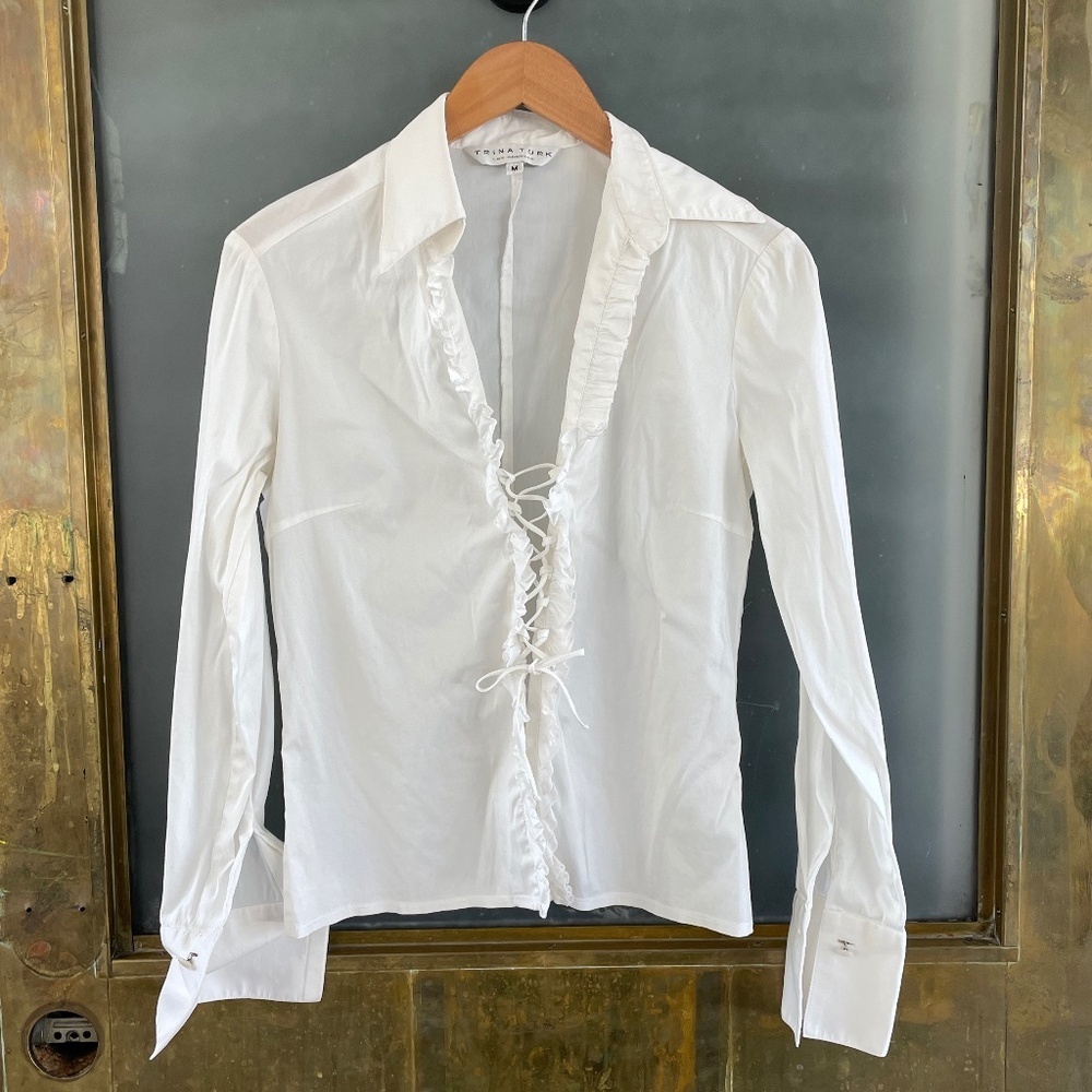 Trina Turk White Lace Up Ruffle Blouse Romantic Corset Top Size M